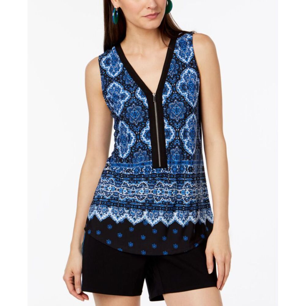 INC International Concepts Petite Zip Front Printed Tank Top